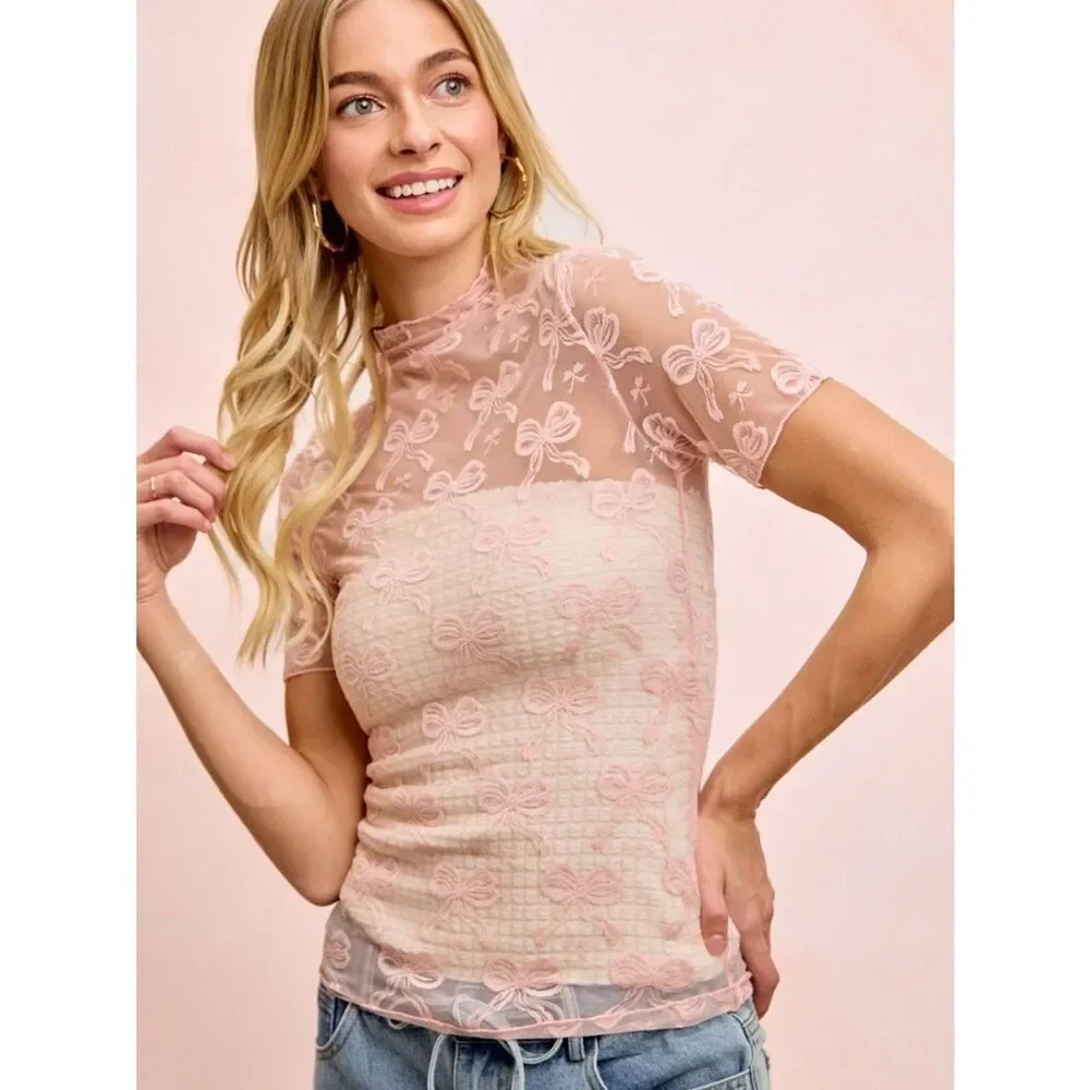 BiBi High Neck Short Sleeves Delicate Sheer Pink Bow-Embroidered Top sz Medium